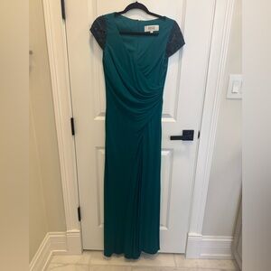 Badgley Mischka Teal Draped Maxi Dress with Beaded Cap Sleeves